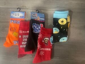 Men’s Novelty Crew Socks Lot 5 PEZ Chips Ahoy Scrabble Life Is Good Donut 6-12